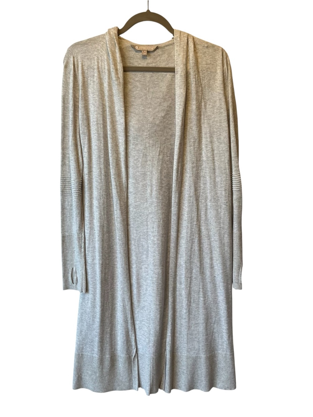 Athleta Enlighten cardigan sweater duster S Gray Silk blend Hooded Thumb holes